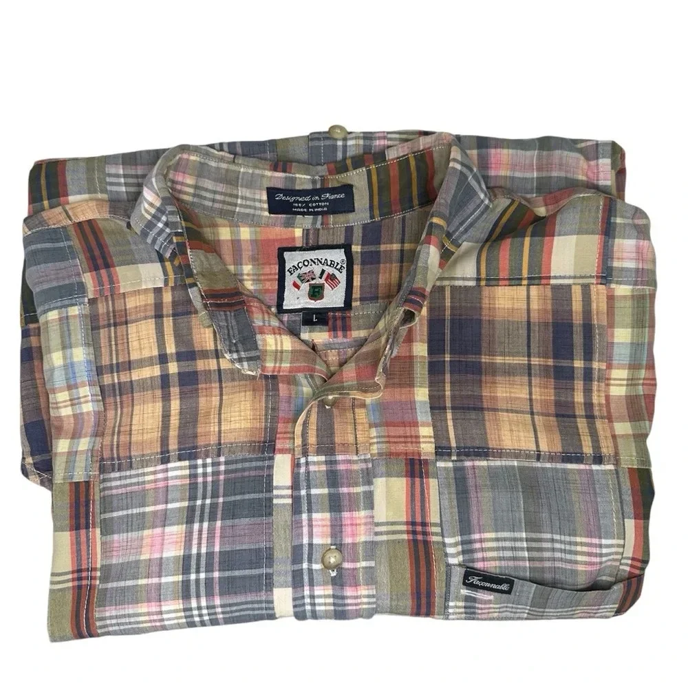Faconnable Men’s L Cotton Mixed Plaid Patchwork Short Sleeve Iconic Shirt